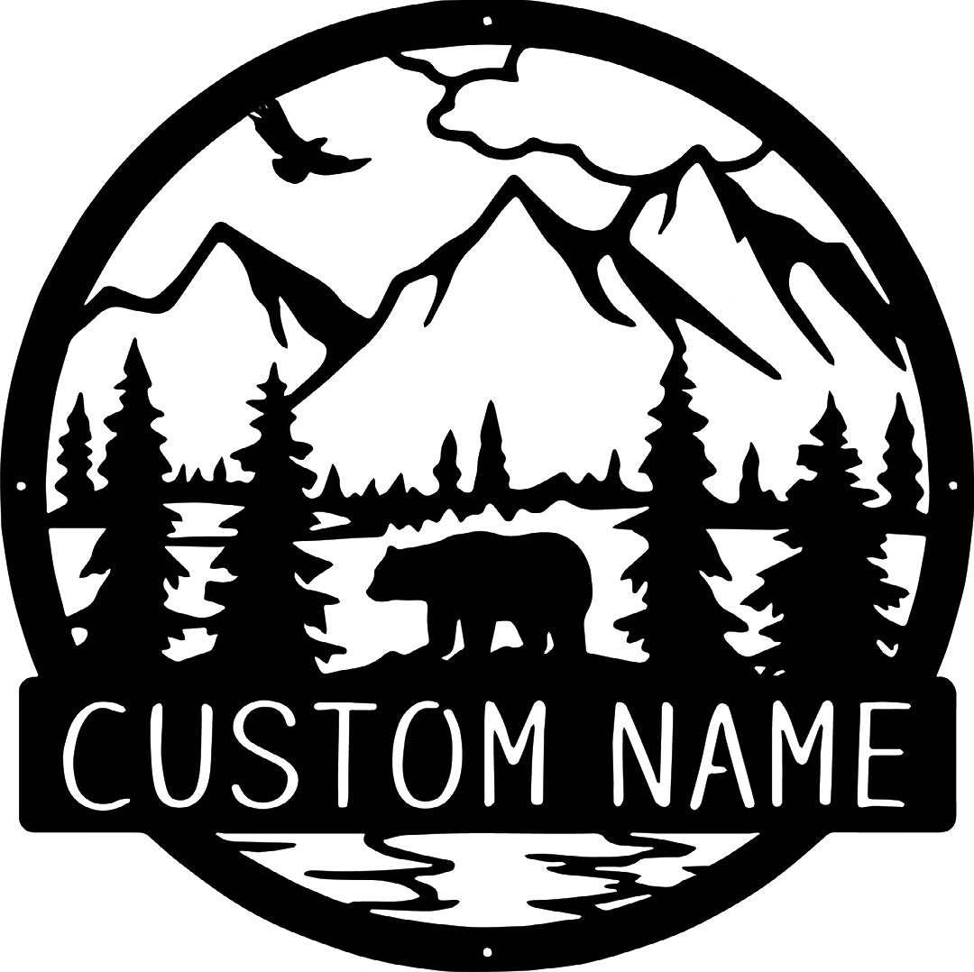 Personalized Bear & Mountain Round Metal Sign – Custom Name Cabin‑Rustic Wall Art